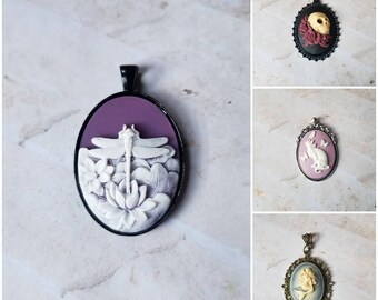 Cameo pendant, cameo necklace, Goddess cameo jewelry, mermaid cameo pendant,dragonfly cameo, skull and roses cameo, cat and butterflies