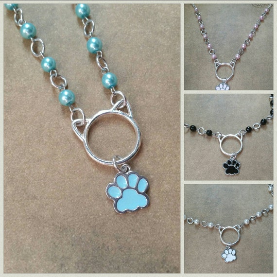Kitten day collar, discreet day collar, blue glass beads, BDSM collar, O ring necklace, silver day collar, cat ears, princess collar, pearls