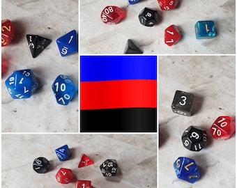 Polyamory flag 16mm dnd dice, hand chosen, curated set of polyhedral gaming dice, DnD dice set, RPG dice, set of 7 DnD dice, LGBTQ dice