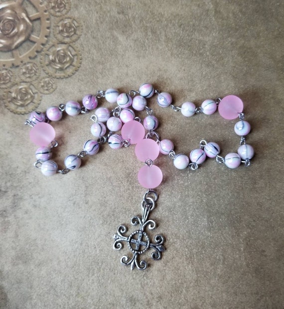 Anglican prayer beads, Methodist prayer beads, Episcopal rosary, Protestant prayer beads, pink glass beads, frosted beads, stainless