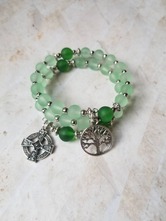 Anglican prayer bead bracelet, memory wire bracelet, beaded bracelet, wrap bracelet, green beach glass beads, Celtic cross, tree of life