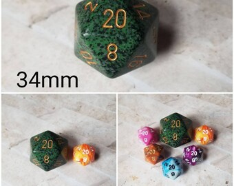 Golden Recon 34mm Jumbo d20, black and green speckled with gold numbers, giant dnd dice, 34mm d20 dice, huge dnd dice,  jumbo d20, RPG dice