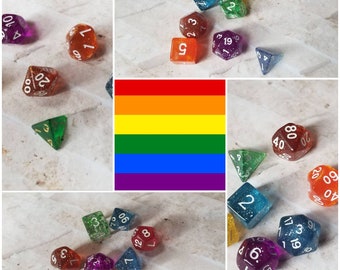 Rainbow glitter 16mm dnd dice, hand chosen, curated set of polyhedral gaming dice, DnD dice set, RPG dice, set of 7 DnD dice, LGBTQ dice