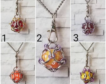 Captive dice jewelry, removable d20 necklace, dice jail necklace, dnd dice jewelry, chain maille cage, d20 pendant,