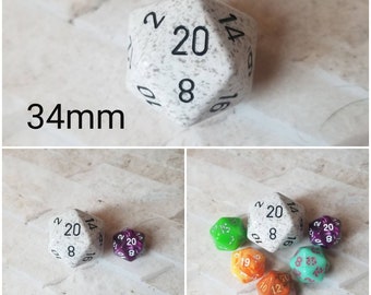 Arctic Camo 34mm Jumbo d20, white and gray speckled with black numbers, giant dnd dice, 34mm d20 dice, huge dnd dice,  jumbo d20, RPG dice