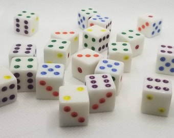 One single extra 16mm d6 dnd die, white with rainbow pips, d6 dice, DnD dice, RPG dice, spare d6 dice, random d and d d6 dice, square edge