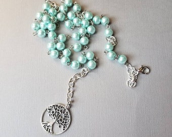 Witches ladder, Witches prayer beads, Wiccan rosary, blue glass pearls, tree of life, Air element, witches ladder, wearable