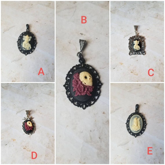 Cameo pendant, cameo necklace, faerie cameo pendant, fae cameo pendant, skull and roses cameo, great gift idea, Gothic valentine gift