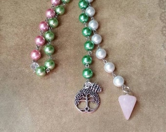 Imbolc prayer beads, pagan prayer beads, witches prayer beads, stainless steel, glass pearls, Pink Quartz pendulum, tree of life charm