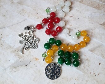 Yule prayer beads, pagan prayer beads, witch prayer beads, stainless pins, gemstone pendulum, Goddess prayer beads, elemental prayer beads