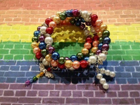 Gay pride bracelet, LGBT pride bracelet, memory wire bracelet, wrap bracelet, beaded bracelet, glass pearl bracelet, Boho, dragonfly