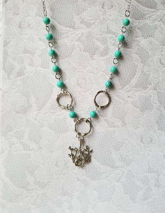 Cimaruta necklace, Cimaruta jewelry, Italian witches amulet, stainless steel pins, turquoise glass, silver textured O rings