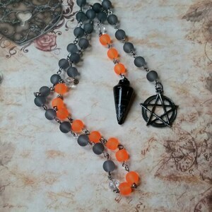 Samhain witches ladder, pagan prayer beads, Wiccan beads, witches ladder, gunmetal, Black Onyx, orange and black Sea glass, black pentagram