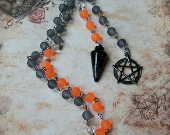 Samhain witches ladder, pagan prayer beads, Wiccan beads, witches ladder, gunmetal, Black Onyx, orange and black Sea glass, black pentagram