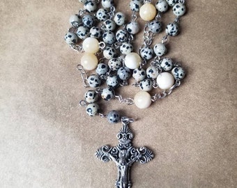 Lutheran prayer beads, Lutheran rosary, Dalmatian Jasper and Yellow Calcite beads, large ornate silver toned metal crucifix, religious