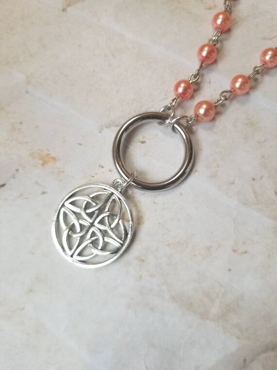 Kitten day collar, discreet day collar, dark peach glass pearls, BDSM collar, cast O ring necklace, Celtic knot day collar, Triquetra charm