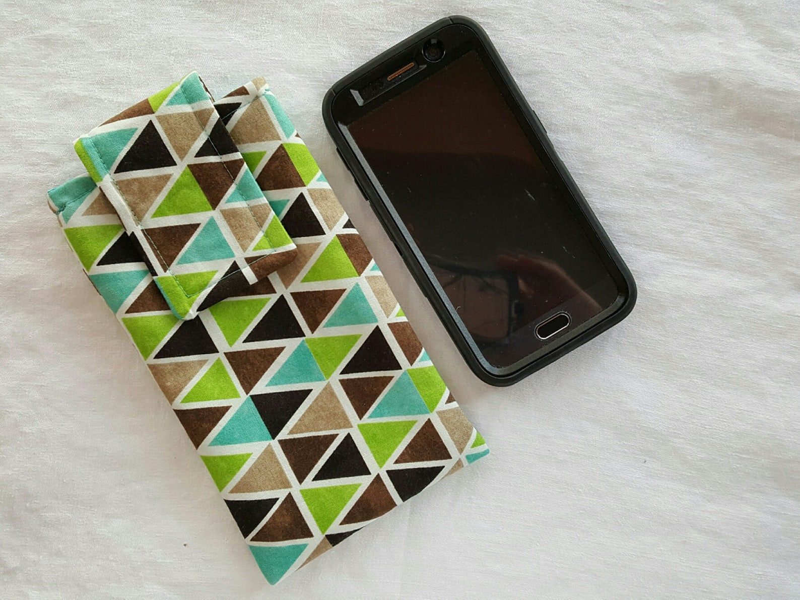 Fabric Cell Phone Case Teal/lime Green/brown Triangles Etsy Canada