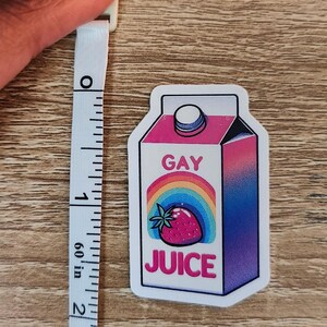 Puede incluir: Una pegatina blanca con una ilustraci&oacute;n de dibujos animados de un cart&oacute;n de jugo rosa y azul con un arco&iacute;ris y una fresa. El cart&oacute;n dice "Gay Juice" en texto negro.