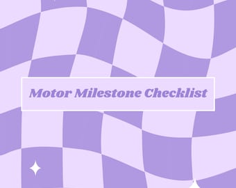 以下が含まれることがあります： ラベンダーと白の市松模様の背景に白い星のアクセント。テキスト「Motor Milestone Checklist」は白い長方形のボックスに表示され、視覚的に魅力的なデザインになっています。