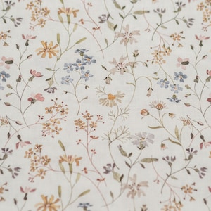 Meadow, Warm White Cotton Fabric for Sewing Clothing and Crafting by the Yard, Printed Fabric with Watercolour Flowers, Vintage Floral Print