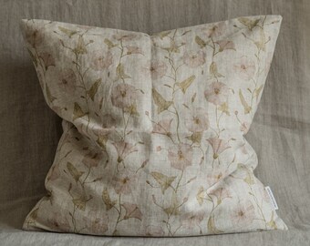 Bindweed, Handmade Decorative Linen Pillowcase, Sofa Cushion Cover with Floral Print, Throw Pillow, Printed Natural Fabric with Flowers