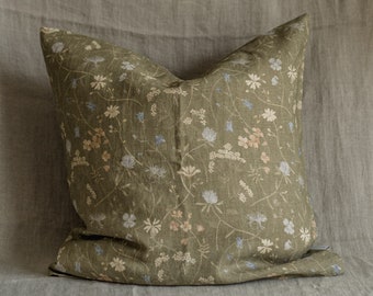 Floraison, Taie d'oreiller en lin décorative faite main, Housse de coussin de canapé à imprimé floral, Coussin décoratif, Tissu naturel imprimé avec des fleurs