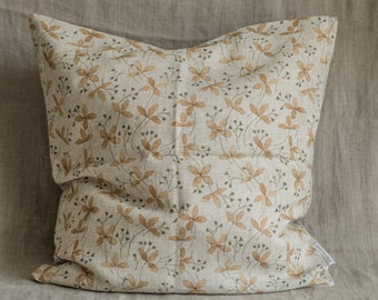 Ortensia, federa decorativa in lino fatta a mano, fodera per cuscino del divano con stampa floreale, cuscino da tiro, tessuto naturale stampato con fiori