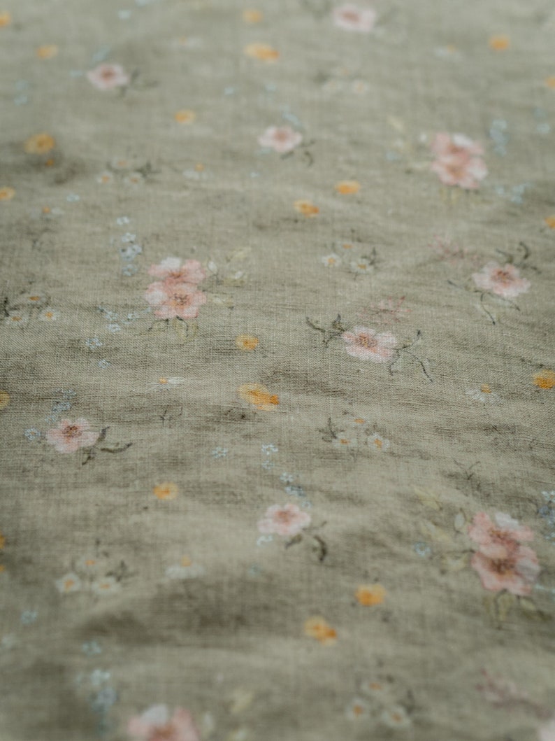 Romantic Garden, Pastel Green Linen Fabric for Sewing Clothing by the Yard, Printed Fabric with Watercolour Flowers, Vintage Floral Print image 5