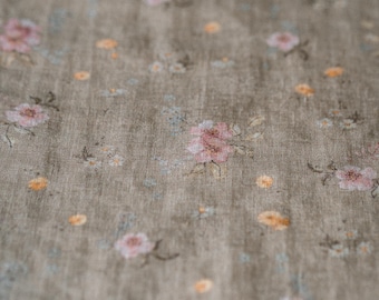 Romantic Garden Floral Linen Fabric by the Yard – Exclusive Watercolor Pattern with Flowers for Sewing Vintage-inspired Clothing & Crafts