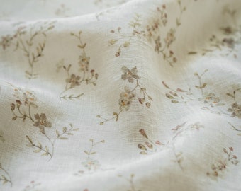 Morning Mist, Ivory White Linen Fabric for Sewing Clothing by the Yard, Printed Fabric with Watercolour Flowers, Vintage Floral Print