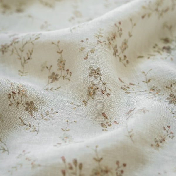 Morning Mist, Ivory White Linen Fabric for Sewing Clothing by the Yard, Printed Fabric with Watercolour Flowers, Vintage Floral Print