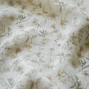 Flower Bouquet, Warm White Linen Fabric for Sewing Clothing by the Yard, Printed Fabric with Watercolour Flowers, Vintage Floral Print