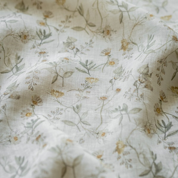 Flower Bouquet, Warm White Linen Fabric for Sewing Clothing by the Yard, Printed Fabric with Watercolour Flowers, Vintage Floral Print