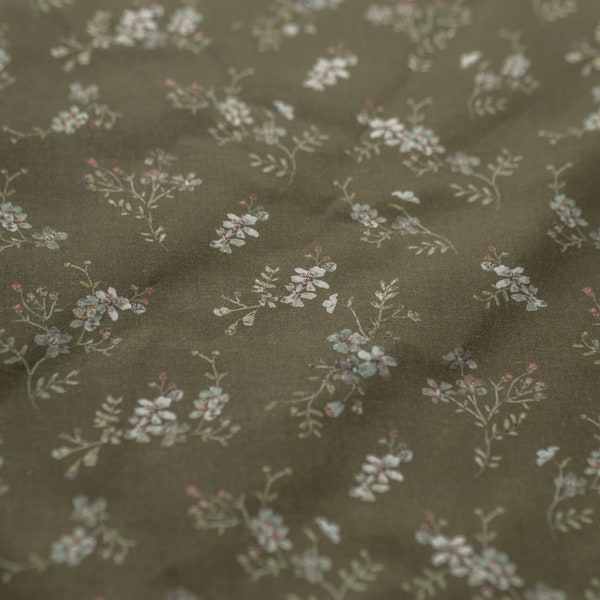 Morning Mist, Forest Green Cotton Fabric for Sewing Clothing by the Yard, Printed Fabric with Watercolour Flowers, Vintage Floral Print