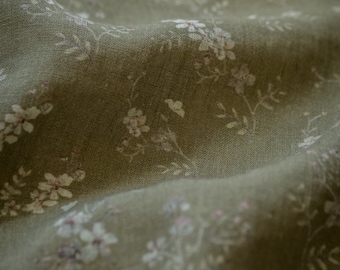 Morning Mist, Olive Green Linen Fabric for Sewing Clothing by the Yard, Printed Fabric with Watercolour Flowers, Vintage Floral Print