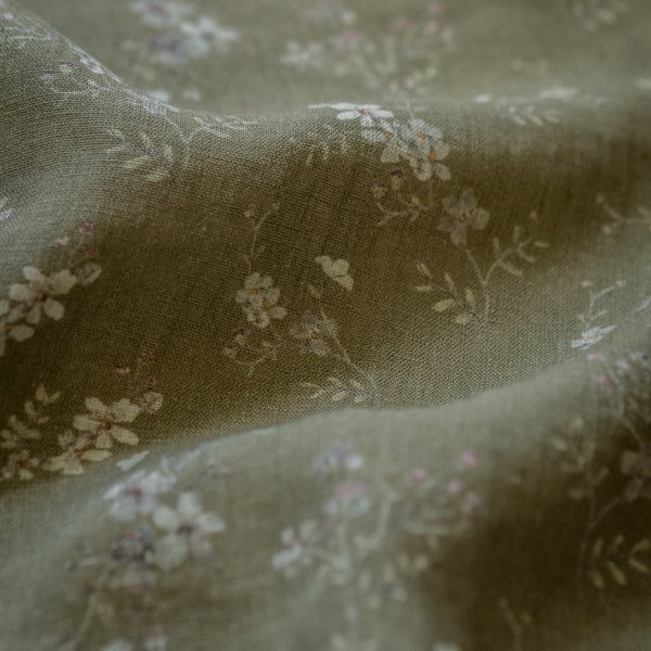 Brume matinale, tissu en lin vert olive pour coudre des vêtements par mètre, tissu imprimé avec des fleurs à l'aquarelle, imprimé floral vintage