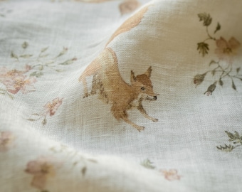 Foxes, Ivory White Linen Fabric for Sewing Clothes by the Yard, Printed Fabric with Watercolour Animals for Kids Clothing