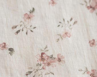 Rose Dream Ivory White Floral Linen Fabric by the Yard – Watercolor Print, 150 GSM