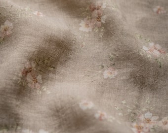 Rose Dream, Dusty Pink Linen Fabric for Sewing Clothing by the Yard, Printed Fabric with Watercolour Flowers, Vintage Floral Print