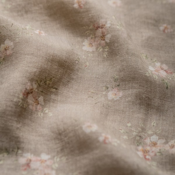 Rose Dream, Altrosa Leinenstoff zum Nähen von Kleidung, lose Ware, bedruckter Stoff mit Aquarellblumen, Vintage Blumenmuster