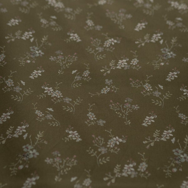 Morning Mist GOTS Cotton Fabric by the Yard, Printed Organic Poplin with Unique Floral Pattern, Watercolour Vintage Flowers, Olive Green