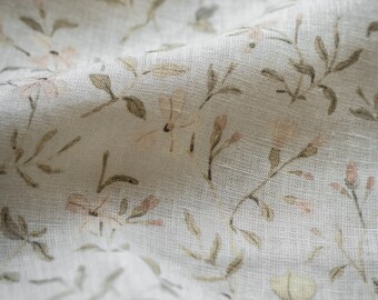 Cuckoo Flowers, Oatmeal Linen Fabric for Sewing Clothing by the Yard, Printed Fabric with Watercolour Flowers, Vintage Floral Print