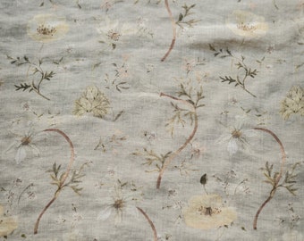 Tatra Flowers, Misty Gray Linen Fabric for Sewing Clothing by the Yard, Printed Fabric with Watercolour Flowers, Vintage Floral Print