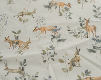 Forest Animals Plain Weave Cotton Fabric by the Yard, Printed Fabric with Unique Botanical Pattern, Watercolour Animals, Ivory White