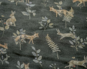 Animaux de la forêt, tissu en lin vert forêt pour coudre des vêtements par mètre, tissu imprimé avec des animaux à l'aquarelle pour vêtements d'enfants