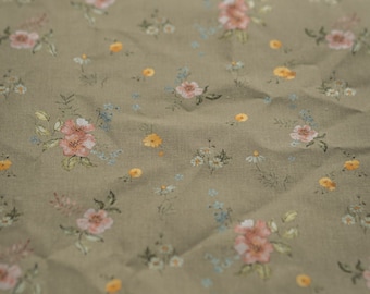 Romantic Garden Plain Weave Cotton Fabric by the Yard, Printed Fabric with Unique Floral Pattern, Watercolour Vintage Flowers, Pastel Green