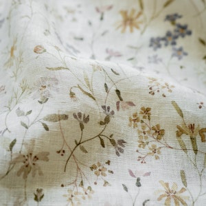 Meadow, Warm White Linen Fabric for Sewing Clothing by the Yard, Printed Fabric with Watercolour Flowers, Vintage Floral Print
