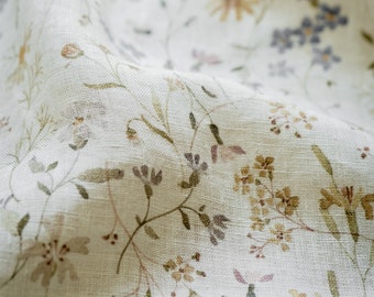 Meadow, Warm White Linen Fabric for Sewing Clothing by the Yard, Printed Fabric with Watercolour Flowers, Vintage Floral Print