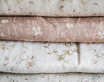 Bittercress, gray, printed linen fabric with floral pattern designs, watercolor flowers in vintage style