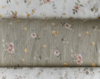 Romantische tuin, pastelgroene linnen stof voor het naaien van kleding op maat gesneden, bedrukte stof met aquarelbloemen, vintage bloemenprint
